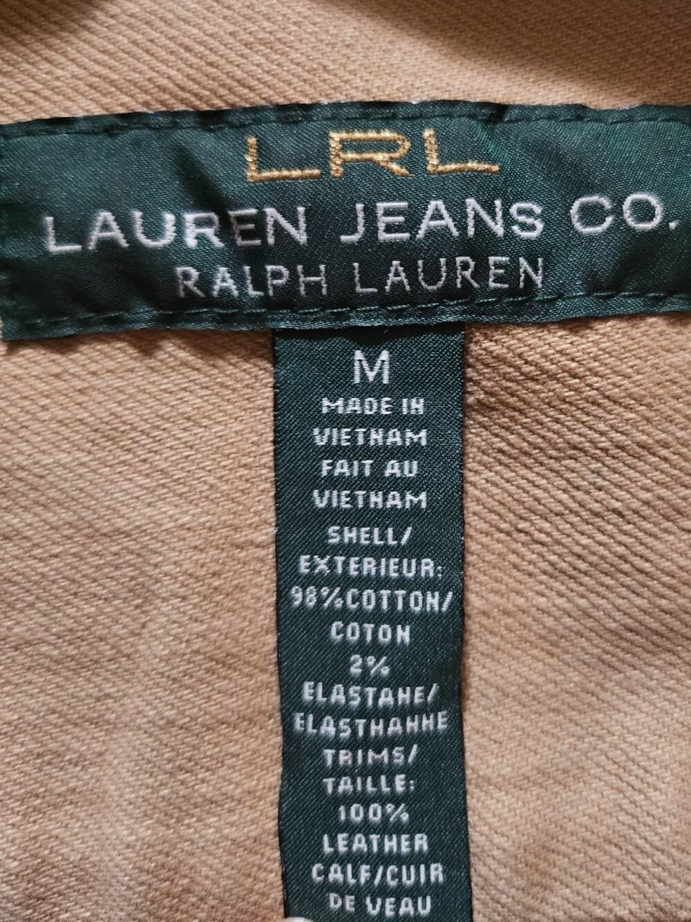 Lauren Ralph Lauren Tan Trucker Jacket Leather Collar Khaki Stretch Denim Med - Picture 5 of 6